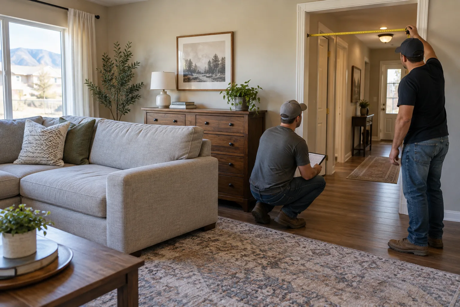 Household furniture staged beside a clear removal path